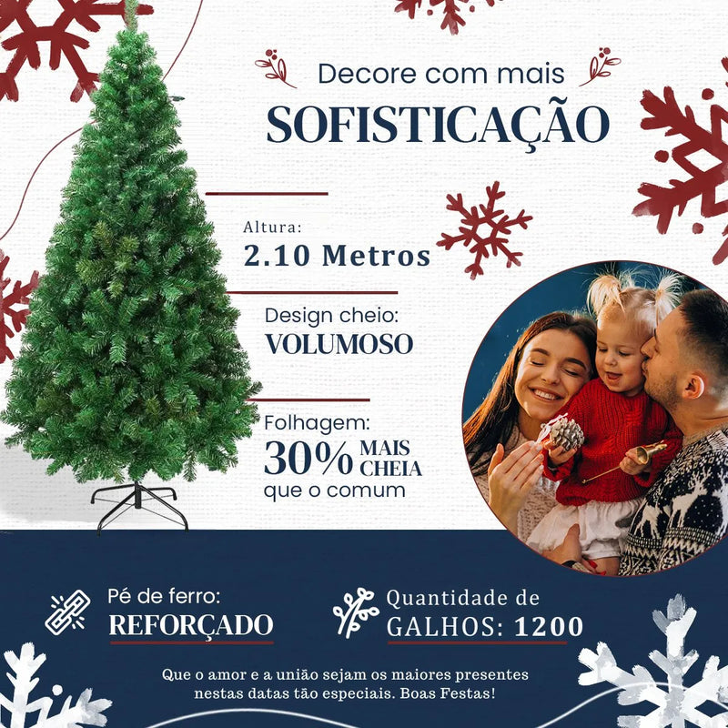 Árvore De Natal Luxo Premium 210cm Com 1200 Galhos Pinheiro Verde Pé De Ferro D'presentes